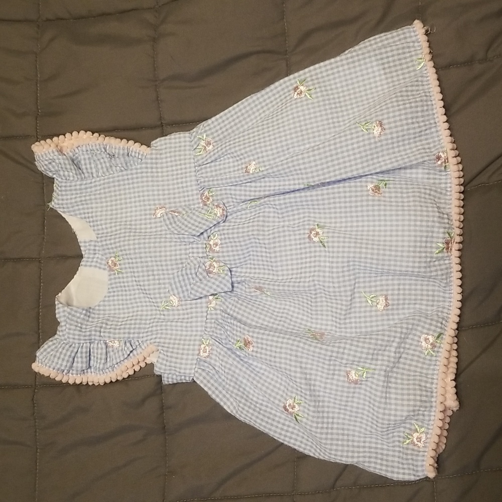 Rare Editions Baby Girls Embroidered Seersucker Dress with Pom Pom Trim